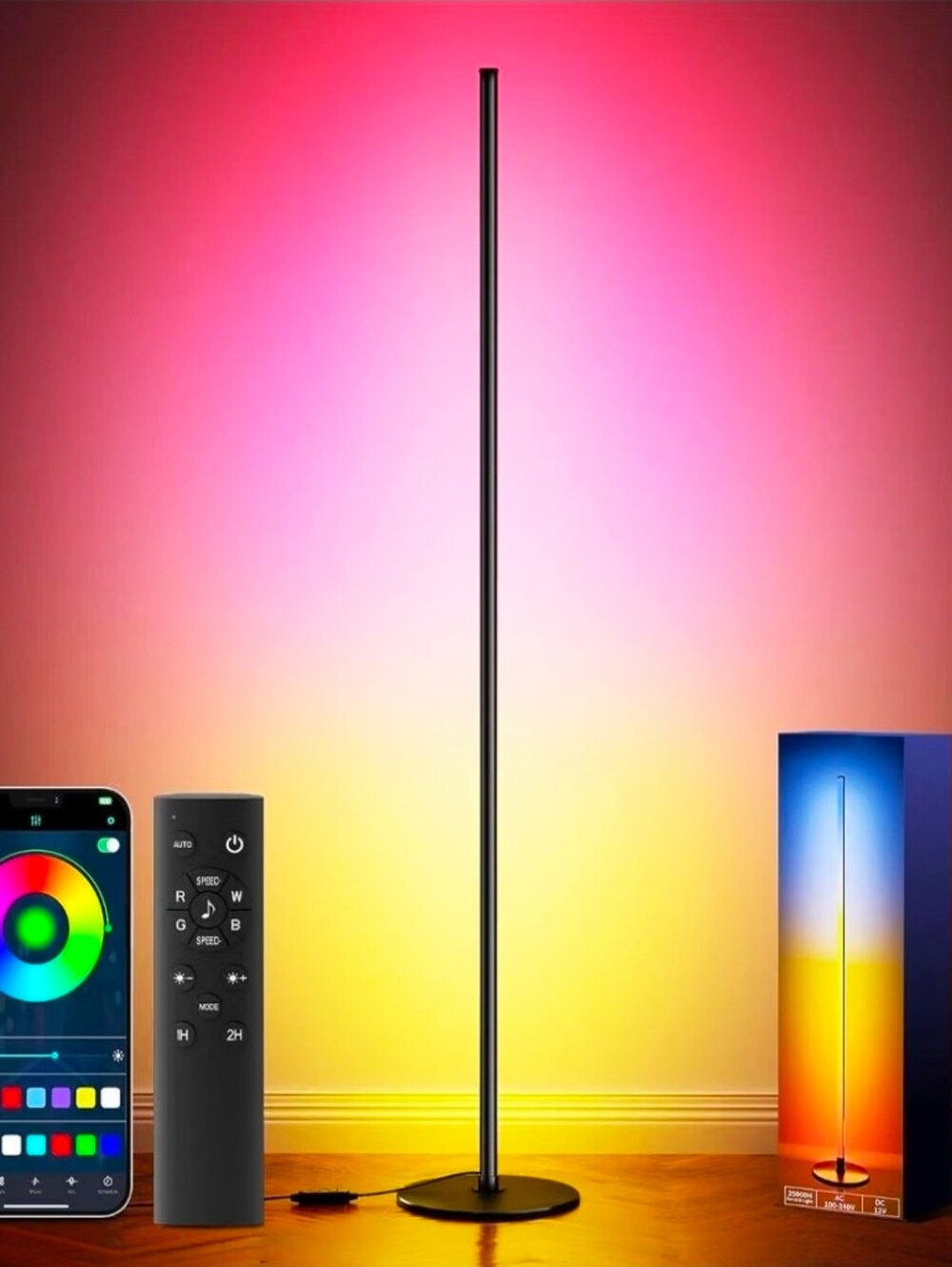 Bright LED RGB+IC Corner Floor Lamp with App, Remote Control Obsidian Black.